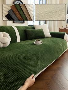 1pc Solid Color Classic Minimalist Striped Sofa Cushion, All-Season Anti-Slip Breathable Machine Washable, Pet-Friendly, Suitable For Living Room, Bedroom 1/2/3/4 Combination Sofa Home Decor Protection - Dark Green - View 4