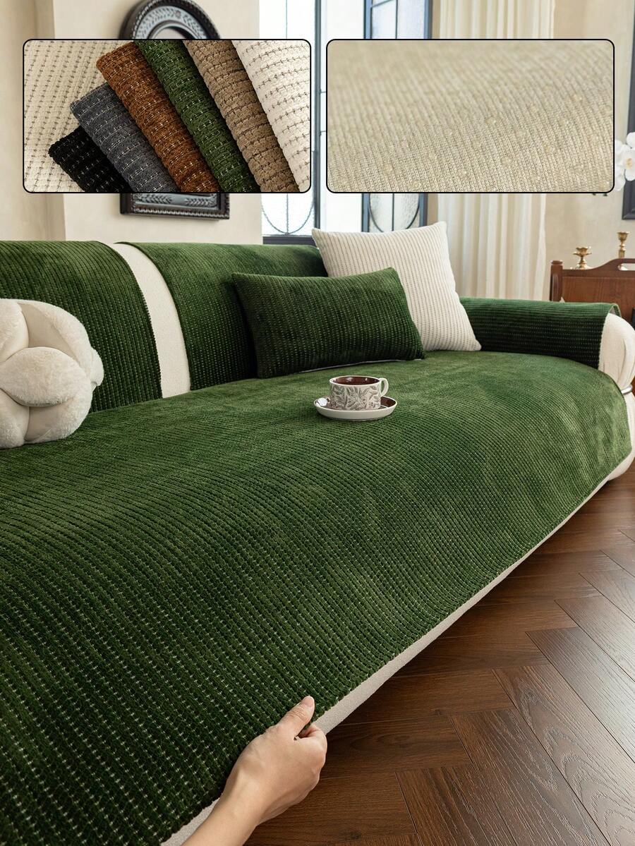 1pc Solid Color Classic Minimalist Striped Sofa Cushion, All-Season Anti-Slip Breathable Machine Washable, Pet-Friendly, Suitable For Living Room, Bedroom 1/2/3/4 Combination Sofa Home Decor Protection - Dark Green - View 1