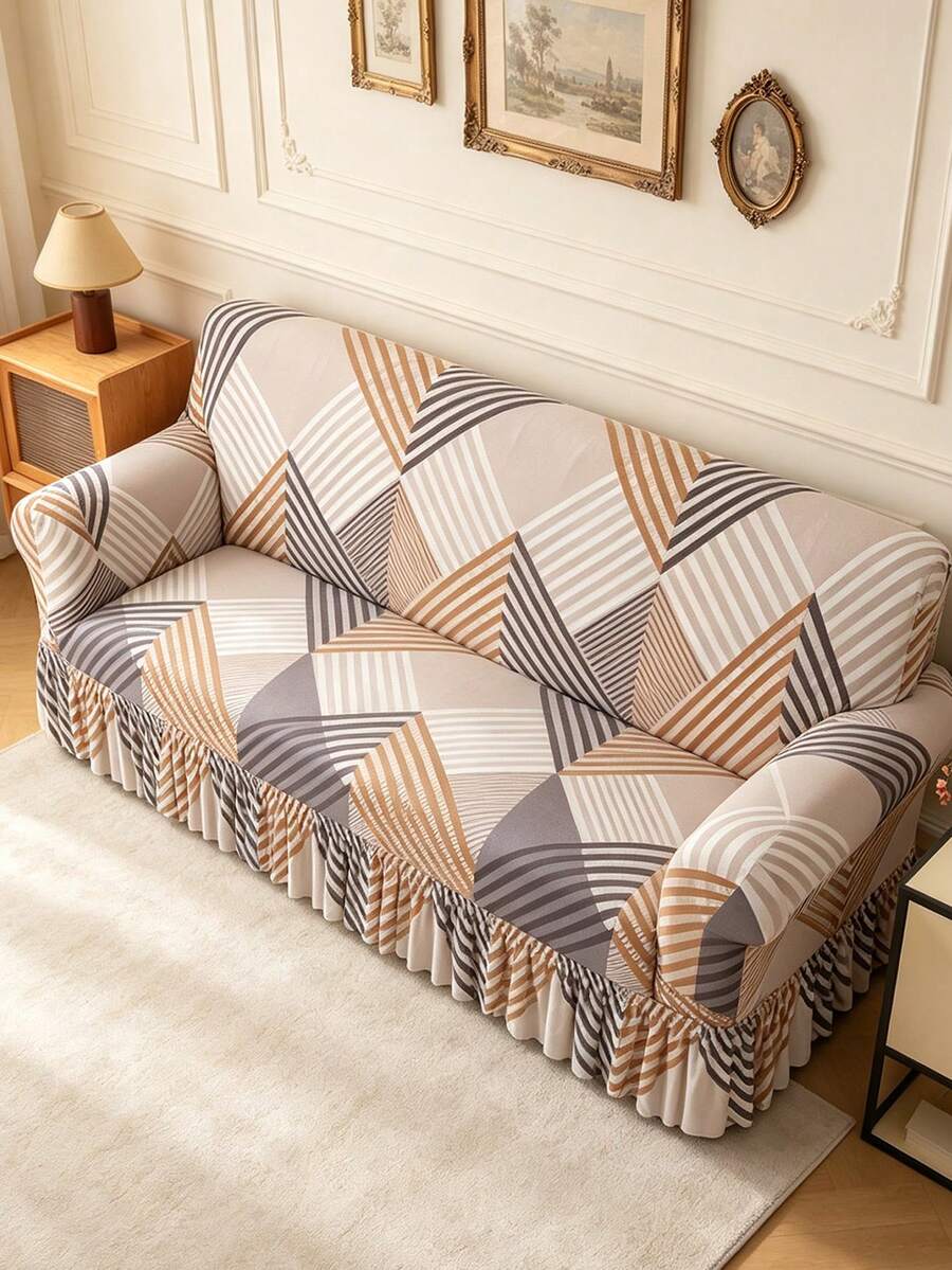 1pc Printed Hem Full Coverage Elastic Sofa Cover, Dust-Proof & Stain-Resistant, One-Piece Stretchable Sofa Protector, Living Room Home Decor, Machine Washable - milk coffee color - View 1