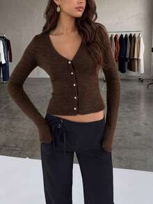 Women's New Spring/Autumn V-Neck Long Sleeve Knit Cardigan Jacket, Elegant For Commuting And Daily Wear - Coffee Brown - View 4
