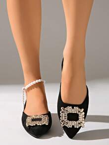 Black Suede Square Rhinestone Buckle Pointed Toe Back Strap Flat Shoes Women's Rhinestone Square Buckle Low Vamp Party Mule Shoes - Black - View 3