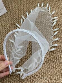 1PC Handmade Crystal And Pearl‑Edged Mesh Headband, Off‑White Beach Vacation Style Headscarf, Bridal Veil Hair Accessory - Off-white - View 6