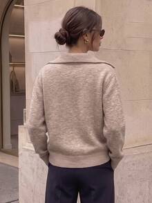 JIANHU Autumn/Winter Casual Sweater, Decorated With Crochet Lace Trim And Ribbed Cuffs - Khaki - View 6