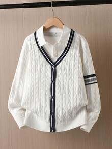 Boys White V-Neck Long Sleeve Knitted Cardigan With 3D Cable Knit And Contrast Stripe, Preppy Casual Versatile Sweater Jacket For School Daily Wear, Spring/Autumn/Winter - White - View 2