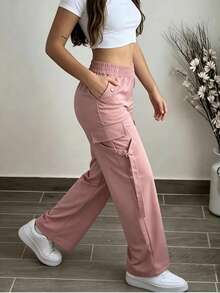Autumn Back To School Commute Cargo Pocket Casual Sports Long Pants Pink - Pink - View 3