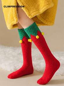 CLIMPRESSION Christmas Elf Knee-High Socks, Plush Coral Fleece Warm Slippers Socks With Pom Poms, Holiday Cosplay Indoor Floor Socks - Red - View 4