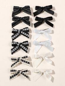 12PCS Solid Color & Plaid Mini Bow Hair Clips, Y2K Style Side Clips For Children's Hair Accessories, Suitable For Flyaways And Long Braids - Multicolor - View 5