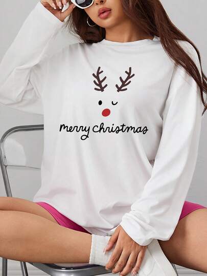 Plus Size Women's Christmas Pajamas, Christmas Reindeer Print Long Sleeve Top, Suitable For Sleeping, Sports, Home Wear