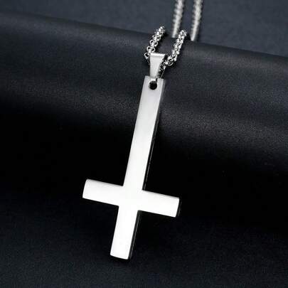 1pc Men's Stainless Steel Inverted Cross Pendant Necklace, Punk Gothic Style Square Box Clavicle Chain, Waterproof Sweatproof Hypoallergenic, Cool Hip-Hop Daily Jewelry