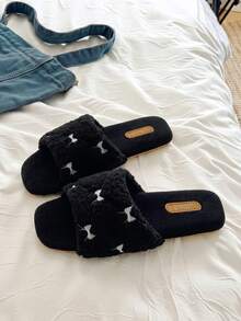 Women's Bowknot Flat Slippers, Indoor/Outdoor Fuzzy Plush Open Toe Slides For Autumn/Winter - Black - View 6