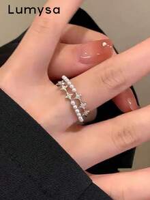 1pc Fashionable Exquisite Cubic Zirconia Starburst Faux Pearl Open Ring Suitable For Women's Daily Wear And Party - Silver - View 2