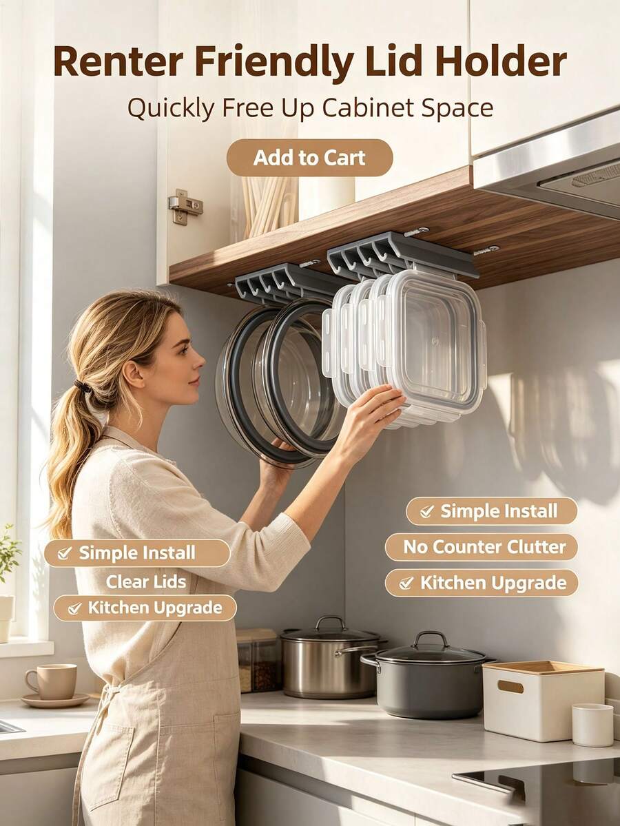 Pot Lid Storage Rack, Multi-Slot Under-Cabinet Hanging Rack, Space-Saving Wall-Mounted Kitchen Organizer, Sturdy Container Lid Holder With Installation Accessories, Multiple Colors Available - Multicolor - View 1