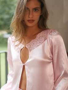 2-Piece Women's Satin Nightwear Floral Lace Splice Pajama Long Sleeve Button Open Front V Neck Top And Shorts Home Loungewear Romantic Sleepwear Set - Pink - View 6