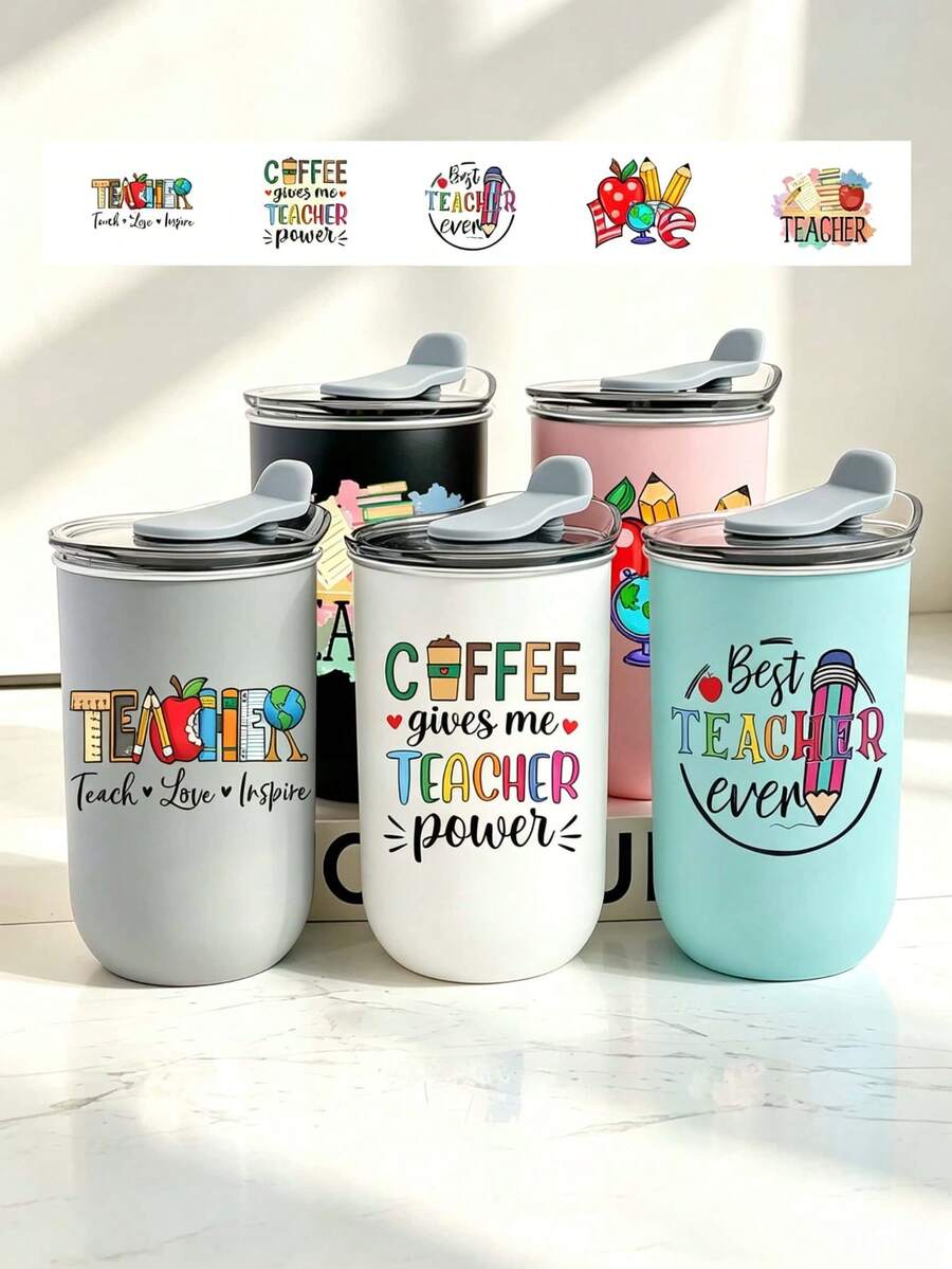 1pc 12oz Stainless Steel Oval Insulated Tumbler With Lid, Portable Travel Mug, Suitable For All Seasons, Teacher's Day Gift - Color - View 1