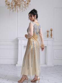 JINLICX Luxury Champagne Gold Tassel Beaded Evening Gown Sheer Long Sleeve Sequin Maxi Dress - Champagne - View 6