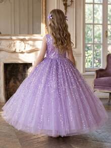 Tween Girl Purple Sequin Luxurious Dress, Fluffy Tulle Birthday/Wedding Party Formal Gown - Purple - View 5