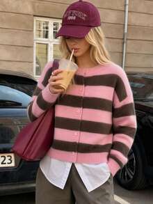 Soft Striped Sweater, Round Neck Fuzzy Knit Cardigan, Loose Versatile Youthful Long Sleeve Jacket, Autumn - Multicolor - View 1