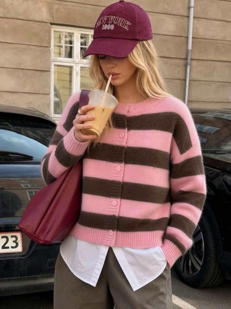 Soft Striped Sweater, Round Neck Fuzzy Knit Cardigan, Loose Versatile Youthful Long Sleeve Jacket, Autumn - Multicolor - View 1