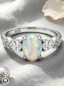 1 buah cincin opal sintetis oval perak sterling S925, cocok untuk pemakaian sehari-hari dan hadiah ulang tahun, dilengkapi dengan kotak hadiah. - Perak - View 7