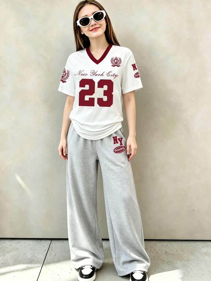 少女字母印花V领短袖T恤和阔腿裤休闲套装 - 白色 - 查看 1