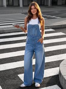 Overall Denim Wanita Model Lurus, Longgar, Kasual, dengan Desain Saku, Saku Tempel, dan Potongan Lurus, Cocok untuk Musim Gugur. - Medium Wash - View 6