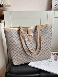 1件純色字母標籤托特包，女款大容量PU肩背手提包，通勤休閒大包 - 卡其色 - 查看 7