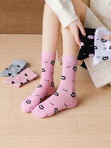 1/5/2 Pairs Women's Random Cartoon Cat Heart Letter Solid Color Fashion Mid-Calf Socks, Soft Comfortable All-Season Versatile Preppy Style Suitable For Daily Wear And Outings - Multicolor - View 4