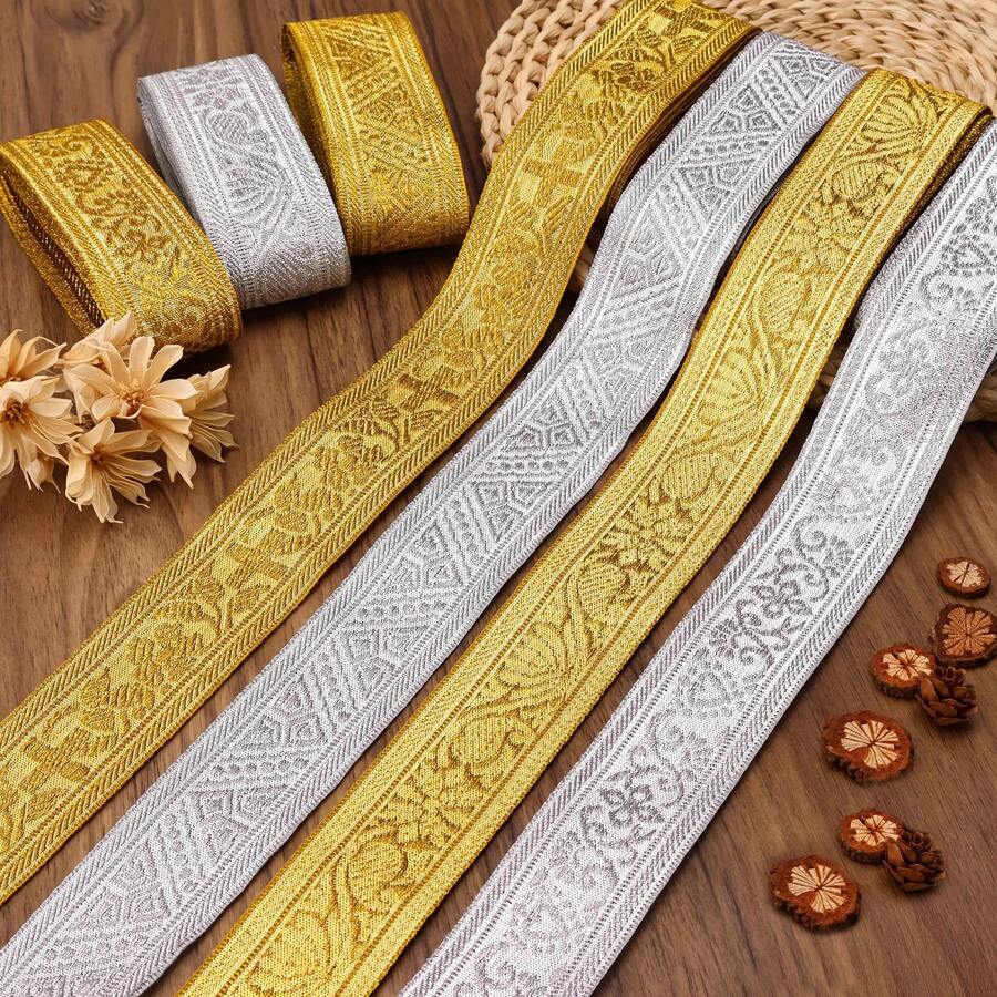 2/5碼金銀色刺繡提花蕾絲，適合縫製，可用於髮飾裝飾、DIY手工裝飾、禮物包裝