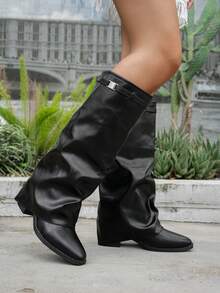 1 Pair Hot-Selling Ruched Fold-Over Boots, Fashionable Buckle Chunky Heel Comfortable Solid Color Western Style Casual Outdoor Mid-Calf Boots - Black - View 5