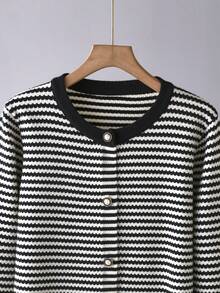 BYGOUBY Women's Striped Knit Cardigan, Round Neck Pearl Button Long Sleeve Casual Knit Sweater Jacket, Autumn/Winter - Black - View 8