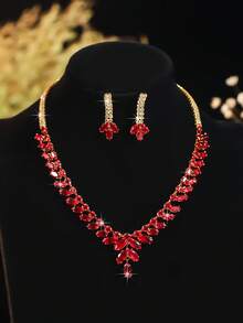 Conjunto de Collar + Pendientes de Circonita Colorida de Lujo Ligero, Exquisito y Versátil para Uso Diario de Mujeres - Rojo - Ver 3