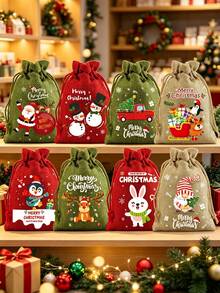 8/1pc Christmas Drawstring Gift Bag, Christmas Packaging Bag, Holiday Party Decoration Gift Bag, Cartoon Candy Drawstring Bag, Halloween, Christmas - Multicolor - View 3