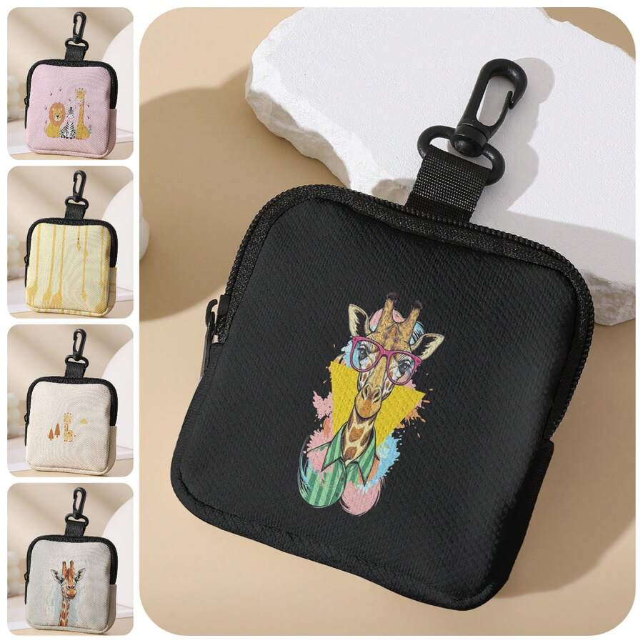 1pc Cartoon Giraffe Print Mini Coin Purse, Zipper Closure Small Pouch With Swivel Hook For Earphones Coins Tiny Accessories, Can Hang On Backpack - Multicolor - View 1