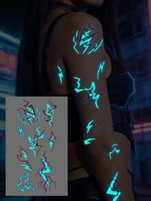 1pc Halloween Cyberpunk Cool Glow-In-The-Dark Symmetrical Lightning Totem Pattern Makeup Tattoo Sticker, Waterproof Face Shoulder Neck Collarbone Tattoo Sticker For Halloween Party Gift - Multicolor - View 8