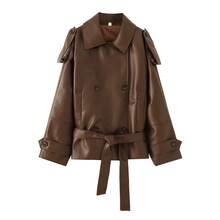 Women's Brown PU Leather Trench Coat With Belt And Double Buttons, Lapel Design, Suitable For Autumn Fashion Wear - Coffee Brown - View 2