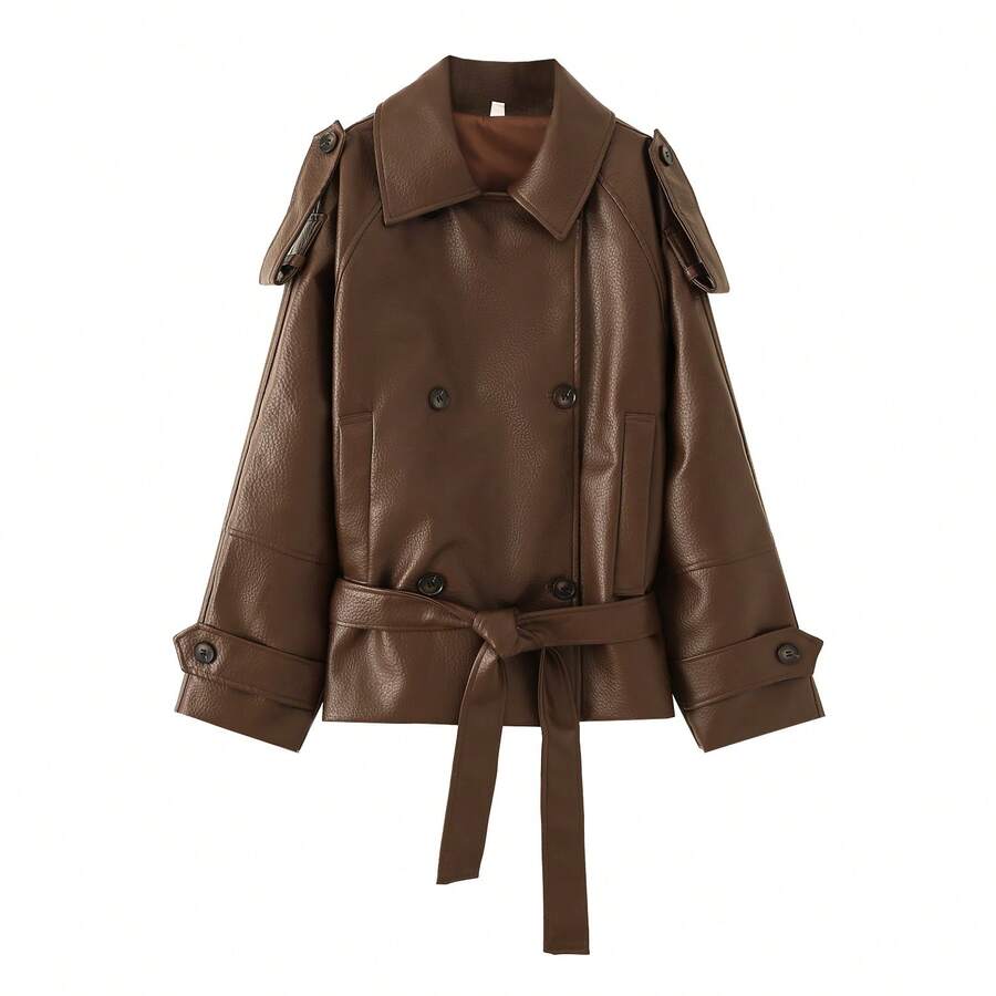 Women's Brown PU Leather Trench Coat With Belt And Double Buttons, Lapel Design, Suitable For Autumn Fashion Wear