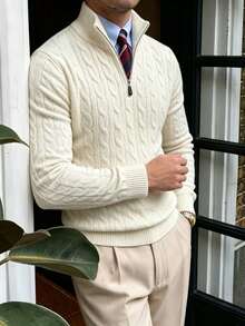 Men's Autumn/Winter Knitted Zip-Up Pullover Sweater With Twisted Rope Detail, Casual Business Commute Versatile - White - View 1