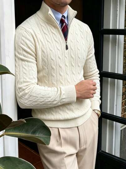 Men's Autumn/Winter Knitted Zip-Up Pullover Sweater With Twisted Rope Detail, Casual Business Commute Versatile