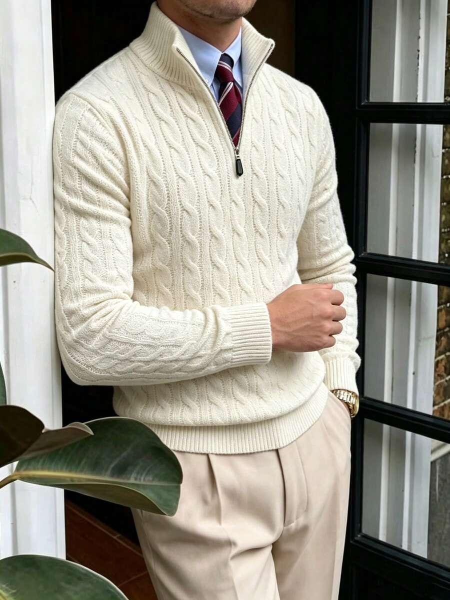 Men's Autumn/Winter Knitted Zip-Up Pullover Sweater With Twisted Rope Detail, Casual Business Commute Versatile - White - View 1