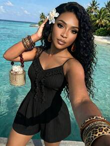 AIJ Women's Spaghetti Strap Tassel Lace Romper With Back Ruched Detail And Pockets, Black, Suitable For Beach, Casual Wear And Night Out In Summer And Autumn - Pure Black - View 5