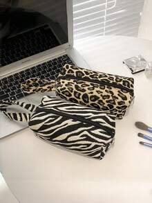 New Zebra Leopard Print Highly Attractive Makeup Bag, Multi-Functional Large Capacity Storage Bag, Portable Travel Handbag, Pencil Case, Handheld Makeup Bag - Multicolor - View 10