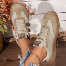 New Fashion Colorblock Women's Flat Round Toe Lace-Up Casual Shoes, Sports Lace-Up Home Wear - Khaki - View 5