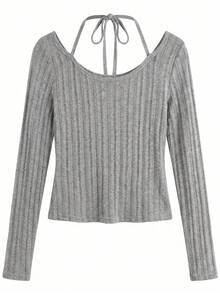 Atasan Kaos Lengan Panjang Berongga Model Slim Fit Pendek Gaya Korea yang Manis & Keren (Tanpa Lapisan Dalam) - Grey - View 7
