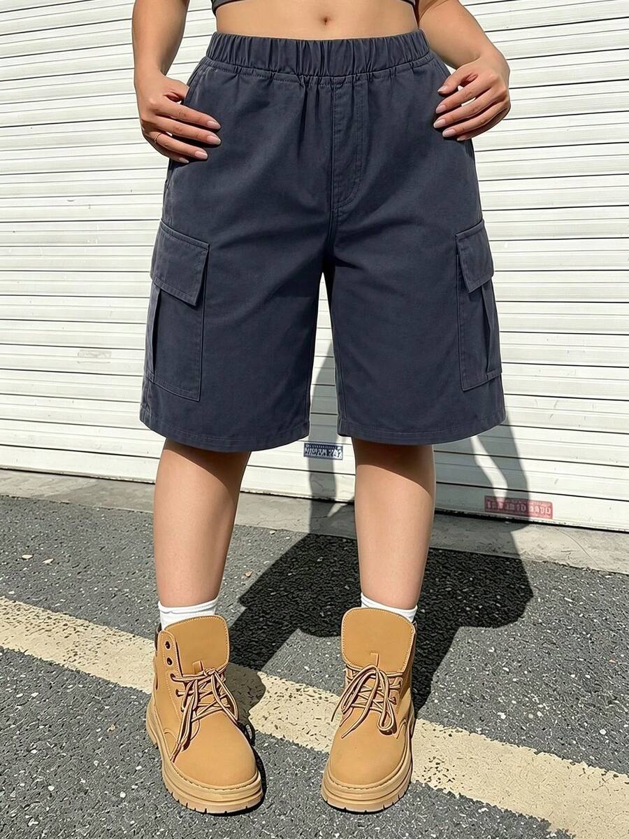 Teen Girl Elastic Waist Casual Versatile Daily Shorts - Dark Grey - View 1