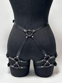1pc Ladies' PU Leather Waist Belt With Double Layer Hip Tie Belt, Gothic Body Decoration Belt For Daily Cosplay Halloween Party - Black - View 3