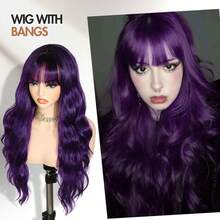 Purple Wig With Bangs Ombre With Dark Roots Heat Resistant Synthetic Wavy Curly Hair For Cosplay Women Daily Party Use 26 Inches - Purple - View 6