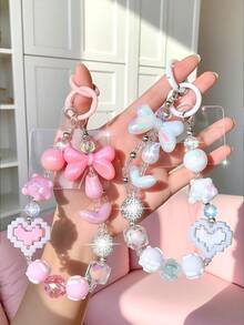 1pc Macaron Sweet Y2K Beaded Phone Wrist Strap, Bow Bear Pixel‑Heart Rhinestone Mixed Universal Phone Charm Lanyard Pendant For Phone Case Camera Key Handbag - Multicolor - View 5