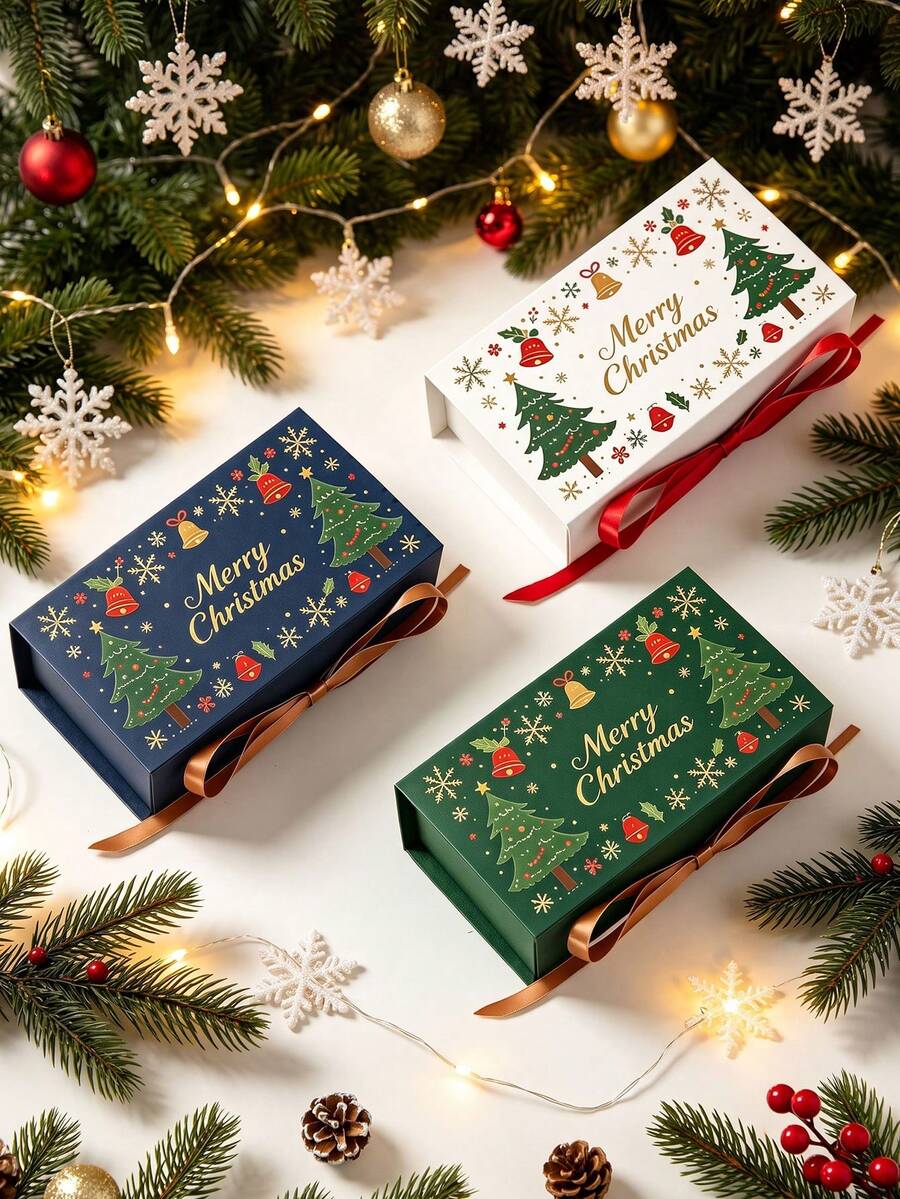 20/2pcs Christmas Gift Boxes With Satin Ribbon Bow And Magnetic Closure, Christmas Tree And Snowflake Print Hard Paper Packaging Boxes, Suitable For Holiday Party Favors, Desserts, Jewelry, Souvenirs Storage, New Year Celebration Gift Wrapping - Multicolor - View 1