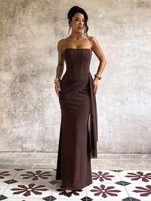 1pc Solid Color Elegant Knitted Fabric Ruffle/Flounce Pleated Asymmetrical Dress Birthday Party Autumn - Brown - View 4