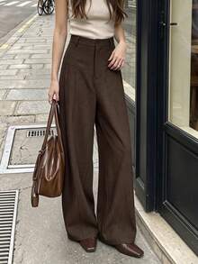 Women's Relaxed Minimalist Elegant Commuter Style High Waist Wide Leg Long Pants Non-Stretch Spring Autumn Fashion Versatile Trousers - Brown - View 6